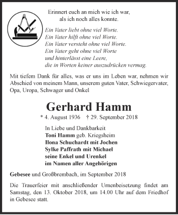 Traueranzeige von Gerhard Hamm von Thüringer Allgemeine, Thüringische Landeszeitung