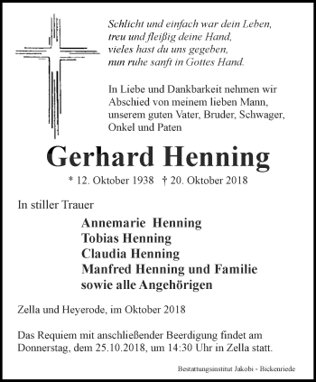 Traueranzeige von Gerhard Henning von Thüringer Allgemeine, Thüringische Landeszeitung