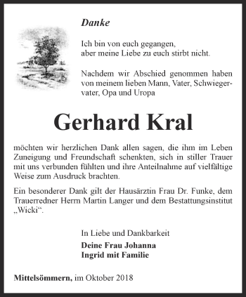 Traueranzeige von Gerhard Kral von Thüringer Allgemeine, Thüringische Landeszeitung