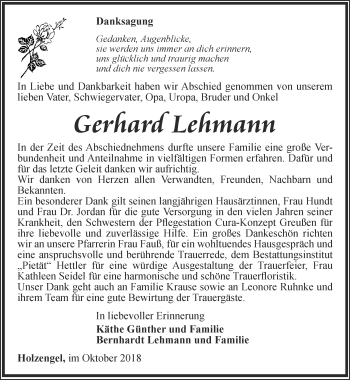 Traueranzeige von Gerhard Lehmann von Thüringer Allgemeine