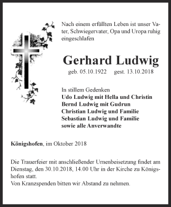 Traueranzeige von Gerhard Ludwig von Ostthüringer Zeitung