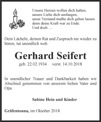 Traueranzeige von Gerhard Seifert von Ostthüringer Zeitung, Thüringische Landeszeitung