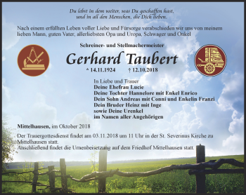 Traueranzeige von Gerhard Taubert  von Thüringer Allgemeine, Thüringische Landeszeitung