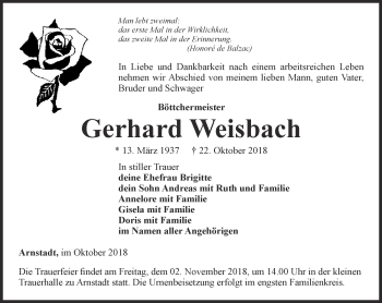 Traueranzeige von Gerhard Weisbach von Thüringer Allgemeine