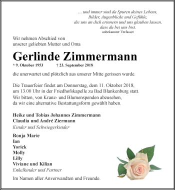 Traueranzeige von Gerlinde Zimmermann von Ostthüringer Zeitung