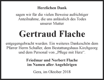 Traueranzeige von Gertraud Flache von Ostthüringer Zeitung