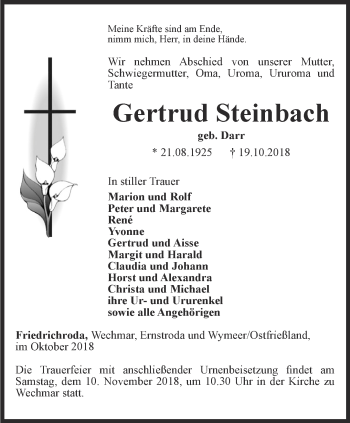 Traueranzeige von Gertrud Steinbach von Ostthüringer Zeitung, Thüringische Landeszeitung