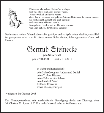 Traueranzeige von Gertrud Steinecke von Thüringer Allgemeine