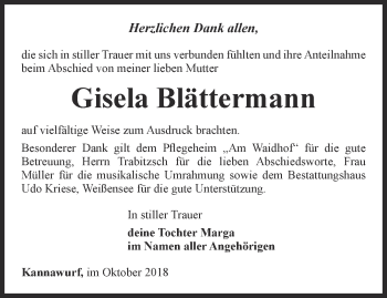 Traueranzeige von Gisela Blättermann von Thüringer Allgemeine