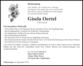 Traueranzeige von Gisela Oertel von Ostthüringer Zeitung