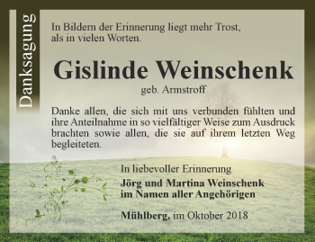 Traueranzeige von Gislinde Weinschenk von Ostthüringer Zeitung, Thüringische Landeszeitung