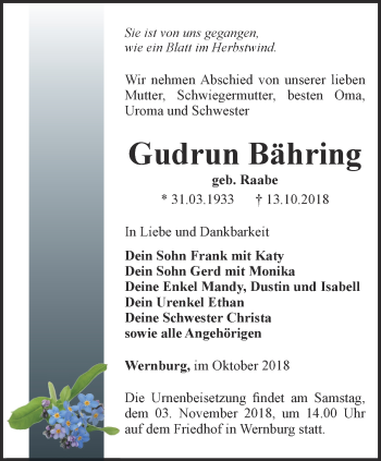 Traueranzeige von Gudrun Bähring von Ostthüringer Zeitung