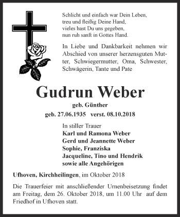 Traueranzeige von Gudrun Weber von Thüringer Allgemeine, Thüringische Landeszeitung