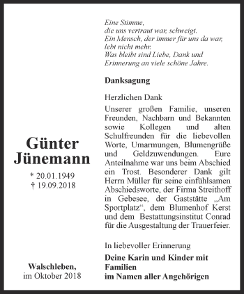 Traueranzeige von Günter Jünemann von Thüringer Allgemeine, Thüringische Landeszeitung