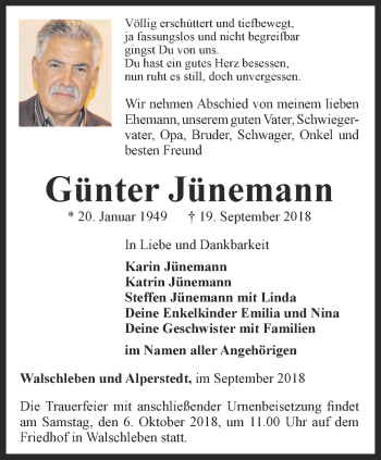 Traueranzeige von Günter Jünemann von Thüringer Allgemeine, Thüringische Landeszeitung