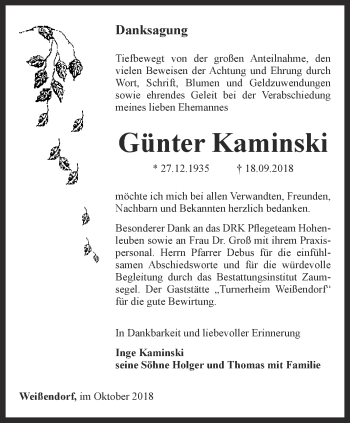 Traueranzeige von Günter Kaminski von Ostthüringer Zeitung