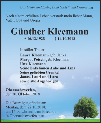 Traueranzeige von Günther Kleemann von Thüringer Allgemeine