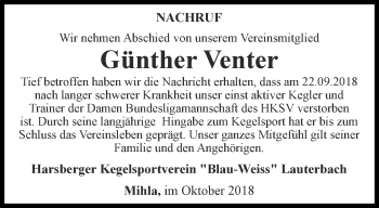 Traueranzeige von Günther Venter von Thüringer Allgemeine, Thüringische Landeszeitung