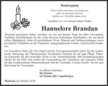 Traueranzeige von Hannelore Brandau von Thüringer Allgemeine, Thüringische Landeszeitung