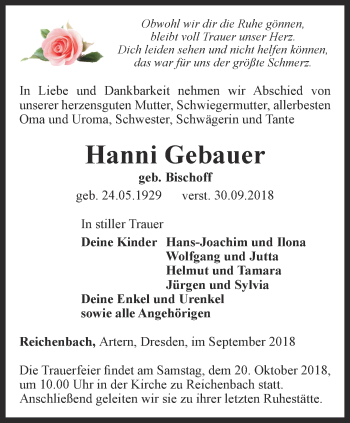 Traueranzeige von Hanni Gebauer von Thüringer Allgemeine, Thüringische Landeszeitung