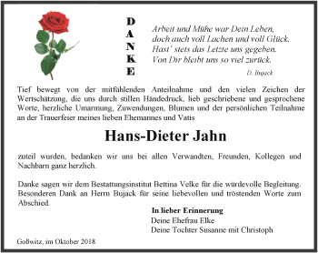 Traueranzeige von Hans-Dieter Jahn von Ostthüringer Zeitung