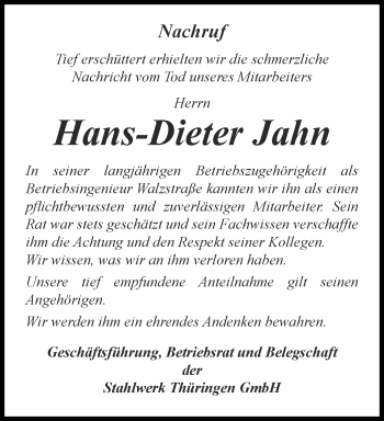 Traueranzeige von Hans-Dieter Jahn von Ostthüringer Zeitung