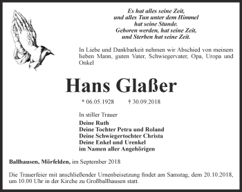 Traueranzeige von Hans Glaßer von Thüringer Allgemeine, Thüringische Landeszeitung