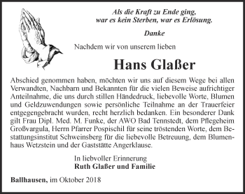 Traueranzeige von Hans Glaßer von Thüringer Allgemeine, Thüringische Landeszeitung