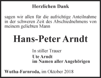 Traueranzeige von Hans-Peter Arndt von Thüringer Allgemeine, Thüringische Landeszeitung