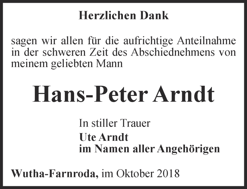 Traueranzeigen Von Hans Peter Arndt Trauer In Thueringen De