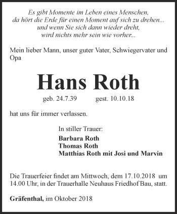 Traueranzeige von Hans Roth von Ostthüringer Zeitung
