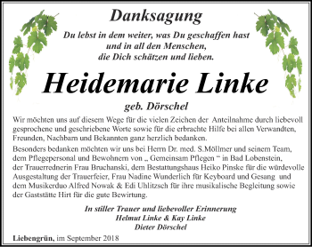 Traueranzeige von Heidemarie Linke von Ostthüringer Zeitung