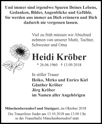 Traueranzeige von Heidi Kröber von Ostthüringer Zeitung