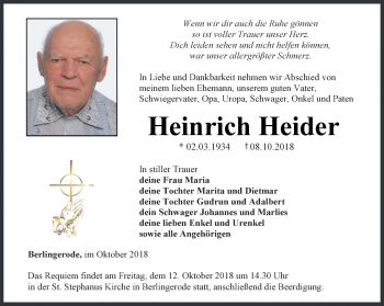 Traueranzeige von Heinrich Heider von Thüringer Allgemeine