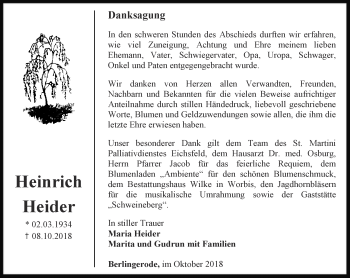 Traueranzeige von Heinrich Heider von Thüringer Allgemeine