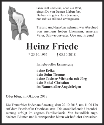 Traueranzeige von Heinz Friede von Thüringer Allgemeine