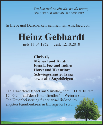 Traueranzeige von Heinz Gebhardt von Thüringer Allgemeine, Thüringische Landeszeitung