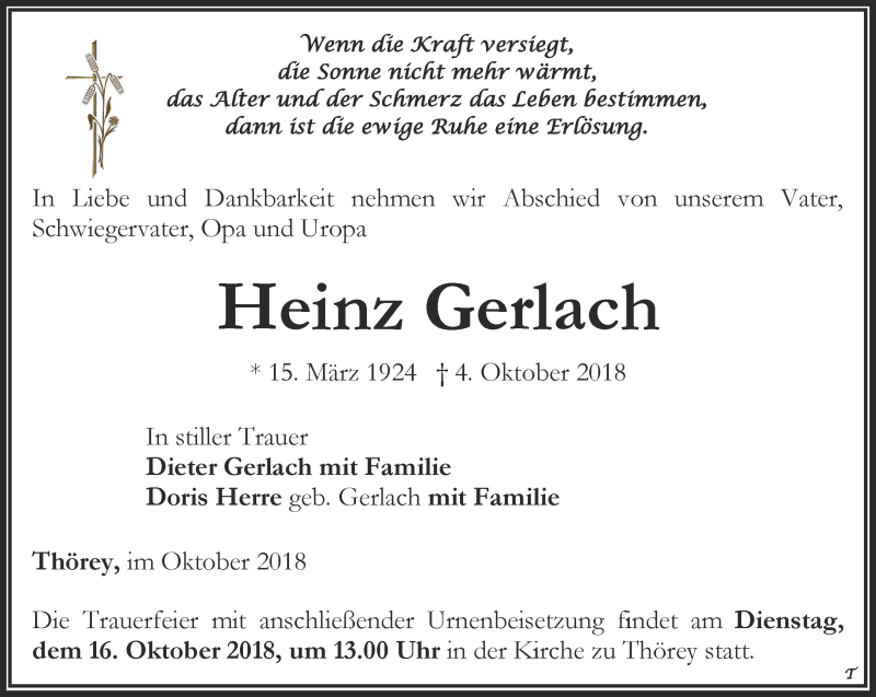  Traueranzeige für Heinz Gerlach vom 13.10.2018 aus Thüringer Allgemeine