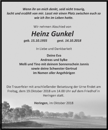 Traueranzeige von Heinz Gunkel von Thüringer Allgemeine