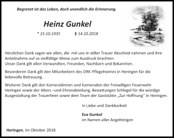 Traueranzeige von Heinz Gunkel von Thüringer Allgemeine