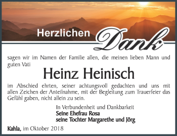 Traueranzeige von Heinz Heinisch von Ostthüringer Zeitung, Thüringische Landeszeitung