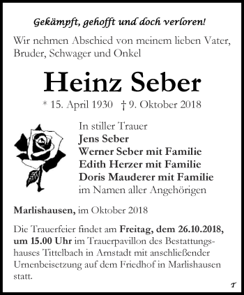 Traueranzeige von Heinz Seber von Thüringer Allgemeine