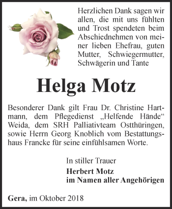 Traueranzeige von Helga Motz