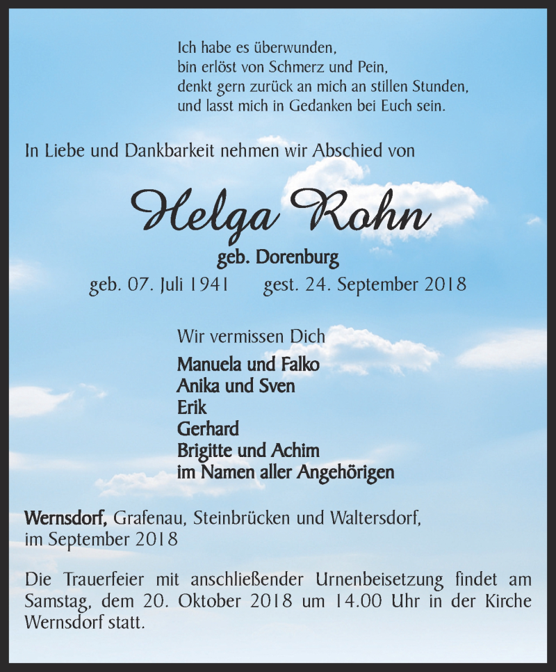  Traueranzeige für Helga Rohn vom 06.10.2018 aus Ostthüringer Zeitung
