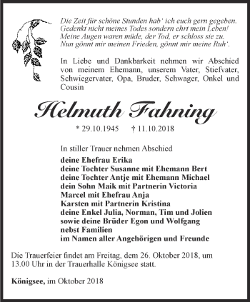 Traueranzeige von Helmuth Fahning von Ostthüringer Zeitung