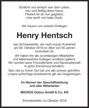 Traueranzeige von Henry Hentsch von Ostthüringer Zeitung