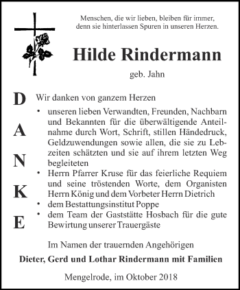 Traueranzeige von Hilde Rindermann von Thüringer Allgemeine