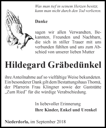 Traueranzeige von Hildegard Gräbedünkel von Thüringer Allgemeine, Thüringische Landeszeitung