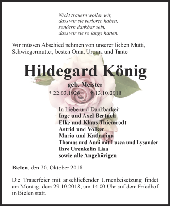 Traueranzeige von Hildegard König von Thüringer Allgemeine