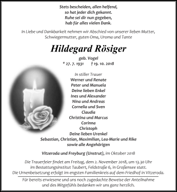Traueranzeige von Hildegard Rösiger von Thüringer Allgemeine, Thüringische Landeszeitung
